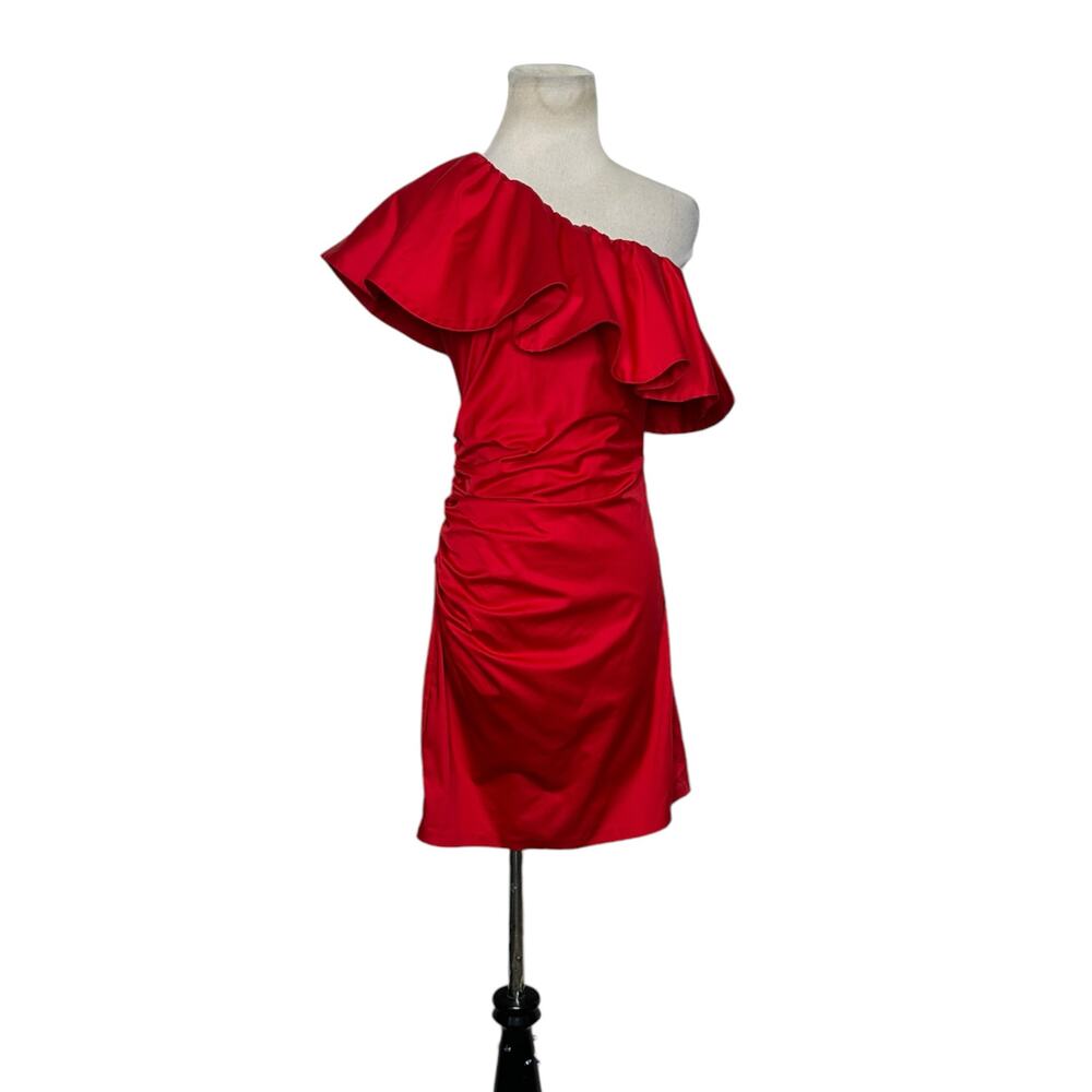 H&M red one shoulder ruffled ruched mini dress size 4